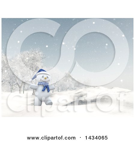 Clipart of a 3d Happy Snowman Walking in a Winter Landscape - Royalty Free Illustration by KJ Pargeter
