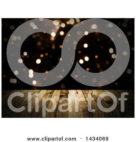 Clipart of a 3d Wooden Table or Deck over Stars and Bokeh Flares - Royalty Free Illustration by KJ Pargeter