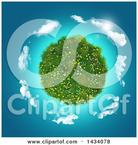 Clipart of a 3d Grassy Globe with Wildflowers, Encircled with Clouds over Blue - Royalty Free Illustration by KJ Pargeter