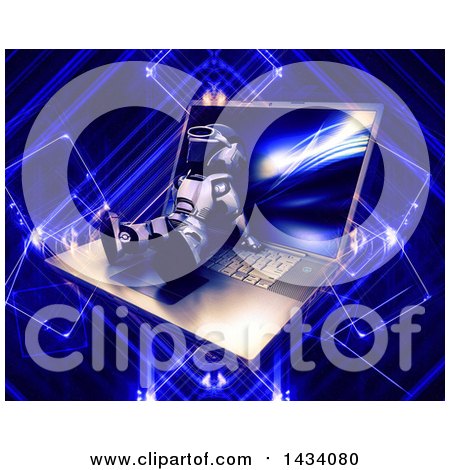 Clipart of a 3d Silver Robot Relaxing on a Laptop Computer over a Blue Futuristic Background - Royalty Free Illustration by KJ Pargeter