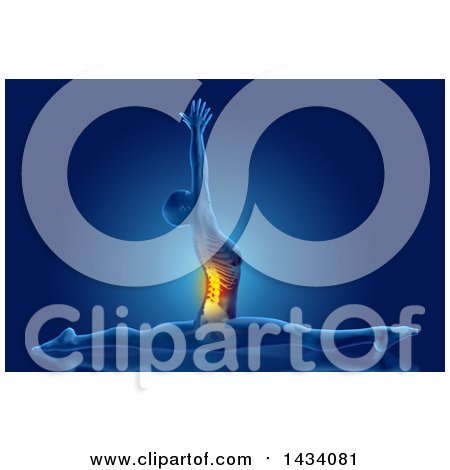 Clipart of a 3d Xray Woman in a Splits Yoga Pose, on Blue, with Visible Glowing Spine - Royalty Free Illustration by KJ Pargeter