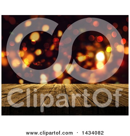 Clipart of a 3d Rustic Wood Deck or Table Against Bokeh Flares - Royalty Free Illustration by KJ Pargeter