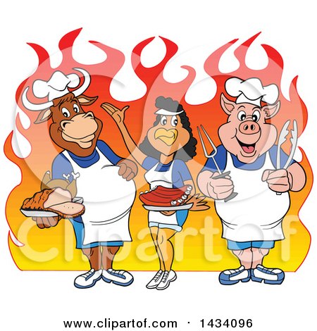 Clipart of a Cartoon Chef Cow, Chicken and Pig with a Roasted Chicken, Brisket and Ribs over Flames - Royalty Free Vector Illustration by LaffToon