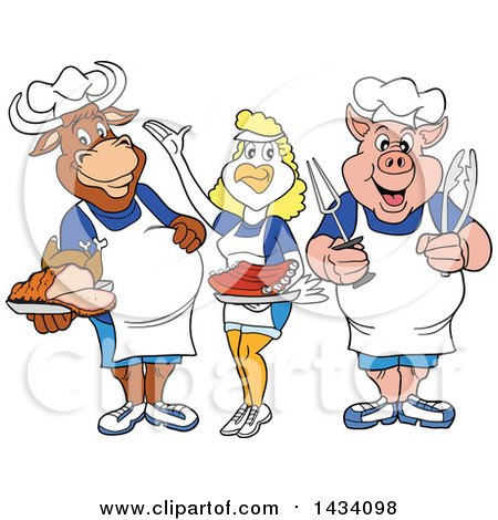 Clipart of a Cartoon Chef Cow, Chicken and Pig with Ribs, Brisket and Roasted Chicken - Royalty Free Vector Illustration by LaffToon
