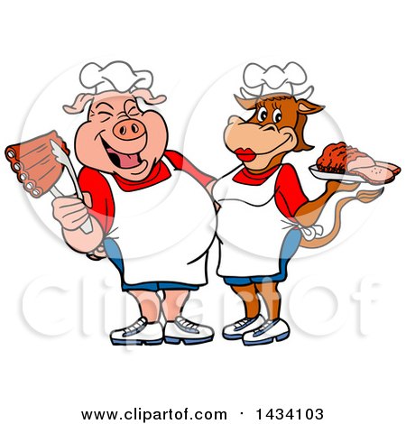 Clipart of a Cartoon Chef Pig and Cow with Ribs and Brisket - Royalty Free Vector Illustration by LaffToon
