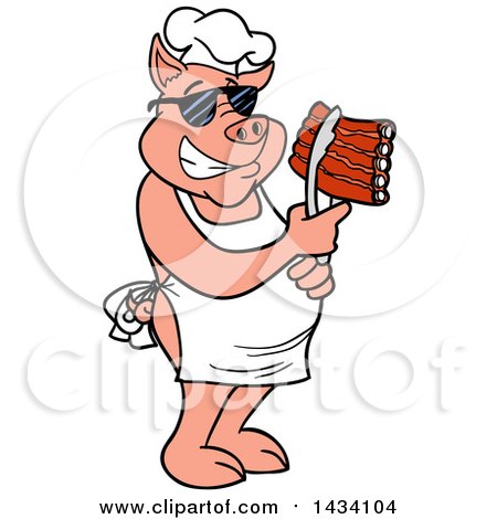 Clipart of a Cartoon Chef Pig Wearing Sunglasses and Holding Ribs in Tongs - Royalty Free Vector Illustration by LaffToon