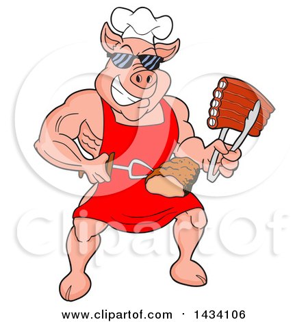 Clipart of a Cartoon Buff Chef Pig Wearing Sunglasses and Holding Ribs in Tongs and Brisket on a Fork - Royalty Free Vector Illustration by LaffToon