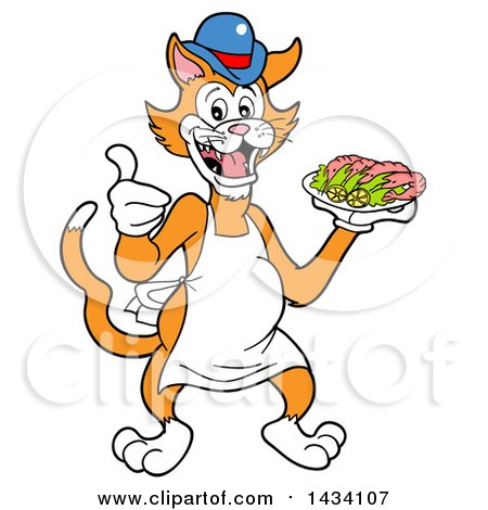 Clipart of a Cartoon Ginger Cat Chef Mascot Giving a Thumb up and Holding a Platter of Shrimp - Royalty Free Vector Illustration by LaffToon