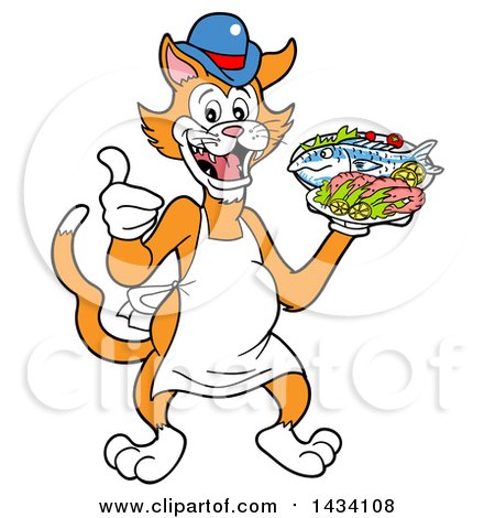 Clipart of a Cartoon Ginger Cat Chef Mascot Giving a Thumb up and Holding a Fish and Platter of Shrimp - Royalty Free Vector Illustration by LaffToon