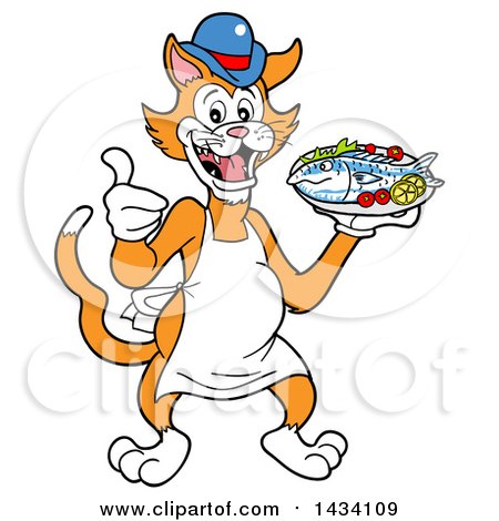 Clipart of a Cartoon Ginger Cat Chef Mascot Giving a Thumb up and Holding a Cooked Fish - Royalty Free Vector Illustration by LaffToon