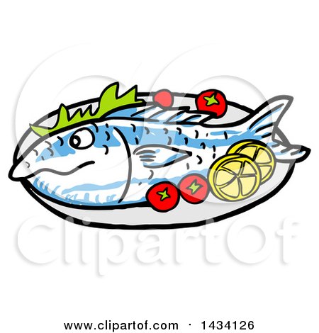 Clipart of a Cartoon Baked Fish with Tomatoes and Lemon Slices - Royalty Free Vector Illustration by LaffToon