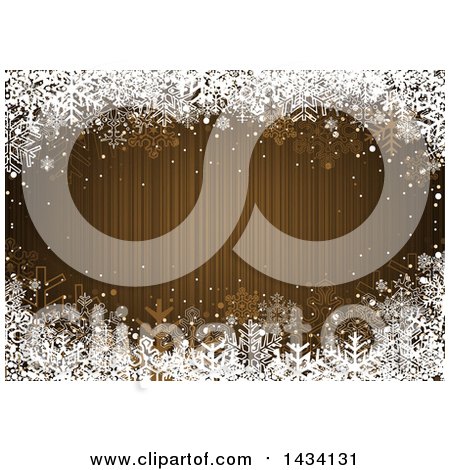 Clipart of a Golden Brown Striped Christmas Background with a Border of White Winter Snowflakes - Royalty Free Vector Illustration by dero