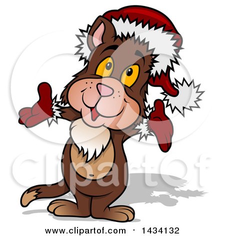 Clipart of a Cartoon Christmas Santa Cat Wearing a Hat and Gloves - Royalty Free Vector Illustration by dero