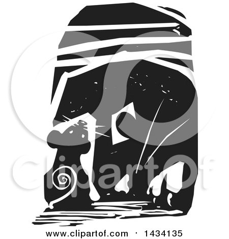 Clipart of a Black and White Woodcut Mouse in a Hole with a Cat Trying to Reach It - Royalty Free Vector Illustration by xunantunich