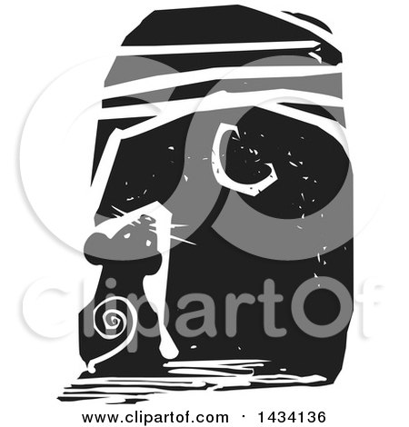 Clipart of a Black and White Woodcut Mouse Looking up at the Moon - Royalty Free Vector Illustration by xunantunich