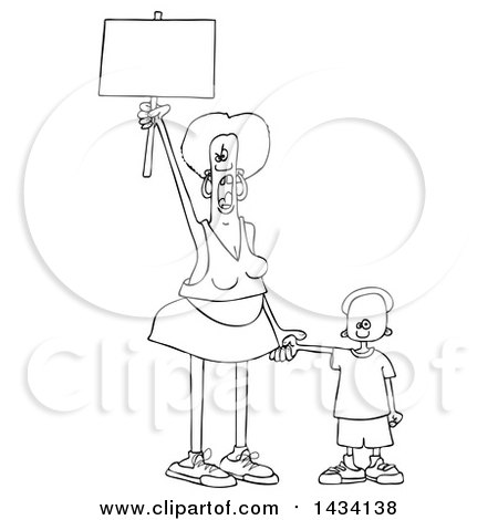 Clipart of a Cartoon Lineart Black Female Protestor Holding Her Sons Hand, Shouting and Holding up a Blank Sign - Royalty Free Vector Illustration by djart