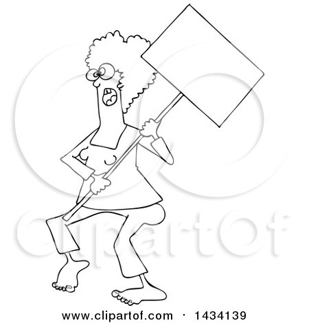 Clipart of a Cartoon Lineart Black Female Protestor Wearing Glasses and Holding a Blank Sign - Royalty Free Vector Illustration by djart