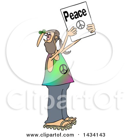 Clipart of a Cartoon White Male Hippie Protestor Holding up a Peace Sign - Royalty Free Vector Illustration by djart