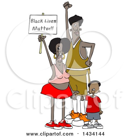 Clipart of Cartoon Mother and Father Protesters with Their Son, Shouting and Holding up a Black Lives Matter Sign - Royalty Free Vector Illustration by djart
