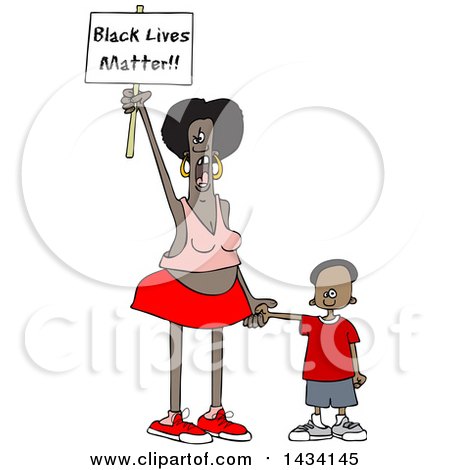 Clipart of a Cartoon Female Protestor Holding Her Sons Hand, Shouting and Holding up a Black Lives Matter Sign - Royalty Free Vector Illustration by djart