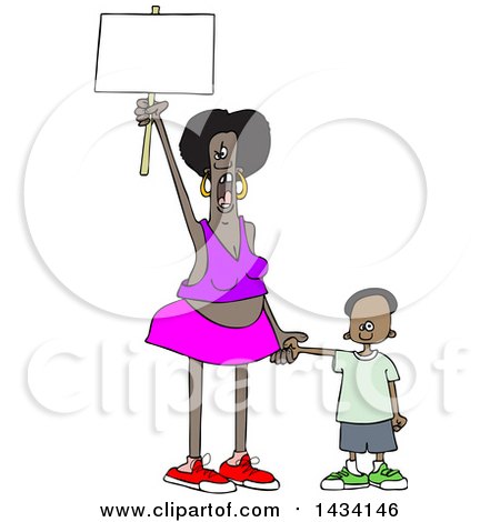 Clipart of a Cartoon Black Female Protestor Holding Her Sons Hand, Shouting and Holding up a Blank Sign - Royalty Free Vector Illustration by djart