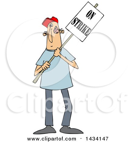 Clipart of a Cartoon White Male Protestor Holding an on Strike Sign - Royalty Free Vector Illustration by djart