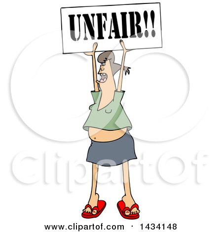 Clipart of a Cartoon White Female Protestor Holding up an Unfair Sign - Royalty Free Vector Illustration by djart