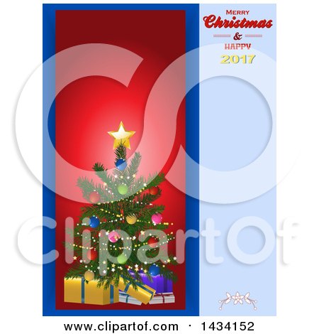 Clipart of a Merry Christmas and Happy 2017 Greeting Panel with a Tree and Gifts - Royalty Free Vector Illustration by elaineitalia