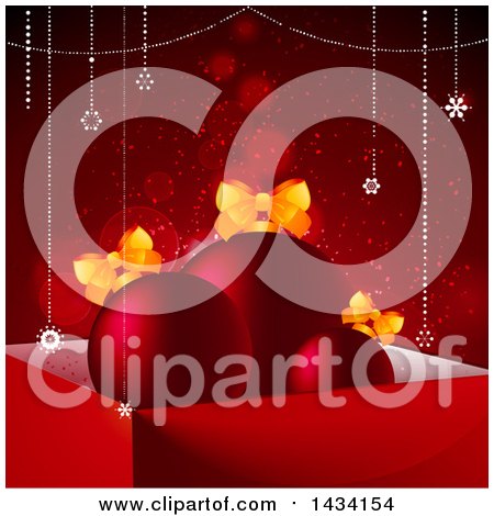 Clipart of a 3d Gift Box with Bauble Ornaments and Bows, over a Red Background with Flares - Royalty Free Vector Illustration by elaineitalia