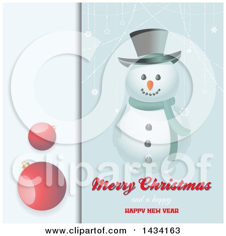 Clipart of a Merry Christmas and a Happy New Year Greeting with a Snowman, Suspended Snowflakes and Red Bauble Panel - Royalty Free Vector Illustration by elaineitalia