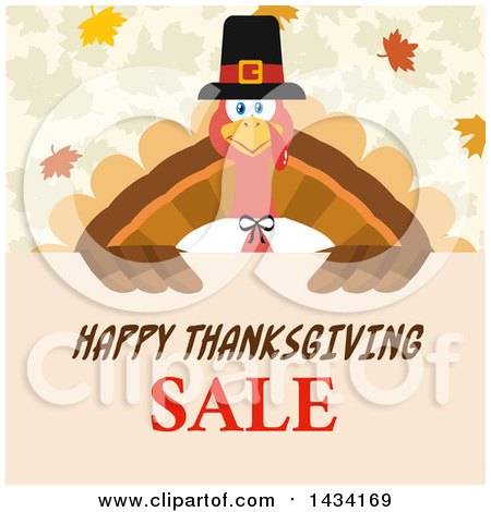 Flat Design Style Clipart of a Pilgrim Turkey Bird over a Happy Thanksgiving Sale Sign, with Autumn Leaves - Royalty Free Vector Illustration by Hit Toon