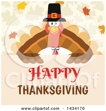 Flat Design Style Clipart of a Pilgrim Turkey Bird over a Happy Thanksgiving Sign, with Autumn Leaves - Royalty Free Vector Illustration by Hit Toon
