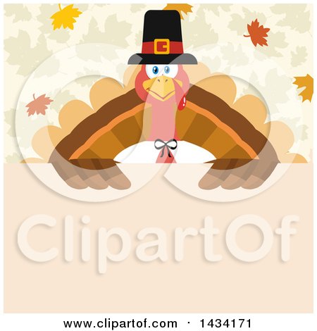 Flat Design Style Clipart of a Pilgrim Turkey Bird over a Sign, with Autumn Leaves - Royalty Free Vector Illustration by Hit Toon