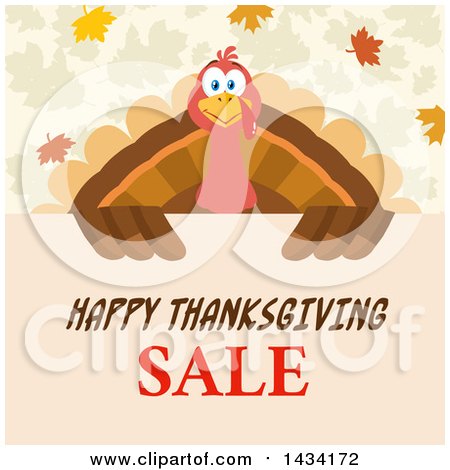 Flat Design Style Clipart of a Turkey Bird over a Happy Thanksgiving Sale Sign, with Autumn Leaves - Royalty Free Vector Illustration by Hit Toon