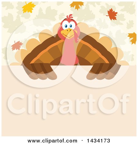 Flat Design Style Clipart of a Turkey Bird over a Sign, with Autumn Leaves - Royalty Free Vector Illustration by Hit Toon