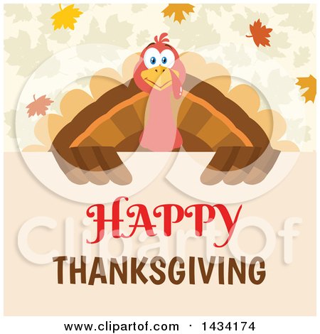 Flat Design Style Clipart of a Turkey Bird over a Happy Thanksgiving Sign, with Autumn Leaves - Royalty Free Vector Illustration by Hit Toon