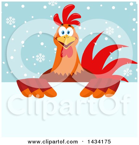 Flat Design Style Clipart of a Chicken Rooster Bird over a Sign on Snowflakes - Royalty Free Vector Illustration by Hit Toon
