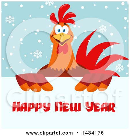 Flat Design Style Clipart of a Happy New Year Greeting over a Chicken Rooster Bird over Snowflakes - Royalty Free Vector Illustration by Hit Toon