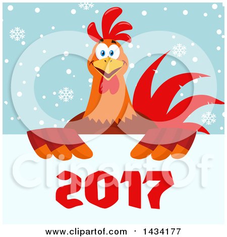 Flat Design Style Clipart of a Chicken Rooster Bird over New Year 2017 Numbers on Snowflakes - Royalty Free Vector Illustration by Hit Toon