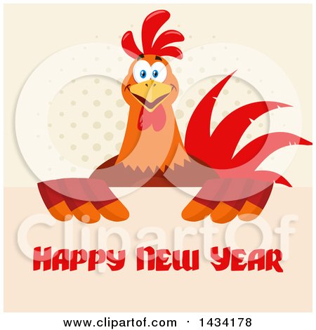 Flat Design Style Clipart of a Happy New Year Greeting Under a Chicken Rooster Bird on Halftone - Royalty Free Vector Illustration by Hit Toon