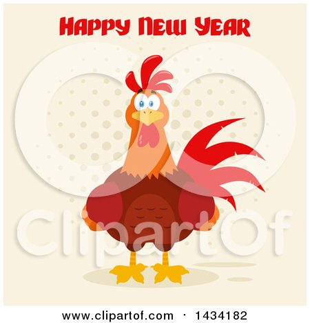 Flat Design Style Clipart of a Happy New Year Greeting over a Chicken Rooster Bird on Halftone - Royalty Free Vector Illustration by Hit Toon