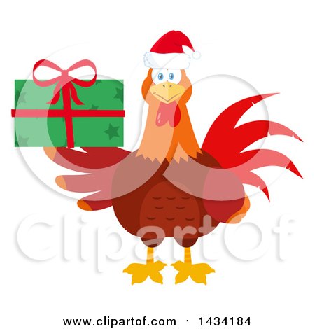 Flat Design Style Clipart of a Chicken Rooster Bird Wearing a Santa Hat and Holding a Christmas Present - Royalty Free Vector Illustration by Hit Toon