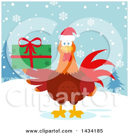 Flat Design Style Clipart of a Chicken Rooster Bird Wearing a Santa Hat and Holding a Christmas Present in the Snow - Royalty Free Vector Illustration by Hit Toon