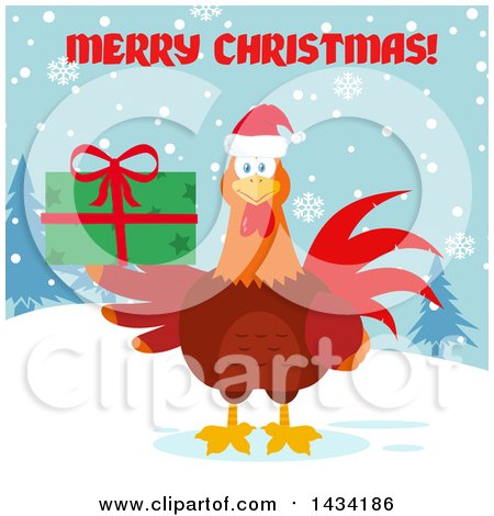 Flat Design Style Clipart of a Merry Christmas Greeting over a Chicken Rooster Bird Wearing a Santa Hat and Holding a Gift in the Snow - Royalty Free Vector Illustration by Hit Toon