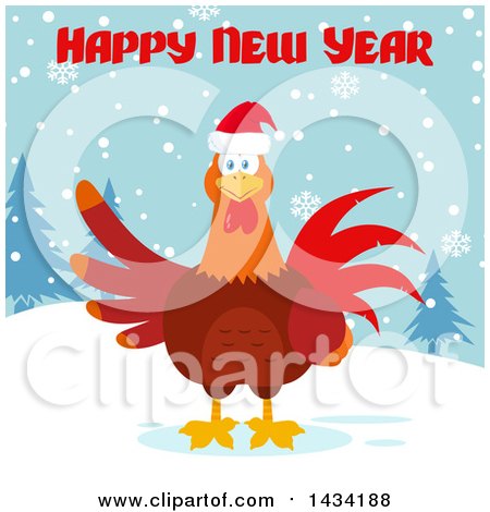 Flat Design Style Clipart of a Happy New Year Greeting over a Chicken Rooster Bird in the Snow - Royalty Free Vector Illustration by Hit Toon