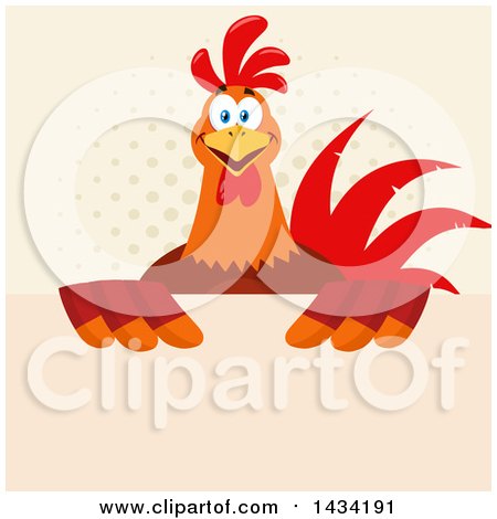 Flat Design Style Clipart of a Chicken Rooster Bird over a Sign on Halftone - Royalty Free Vector Illustration by Hit Toon