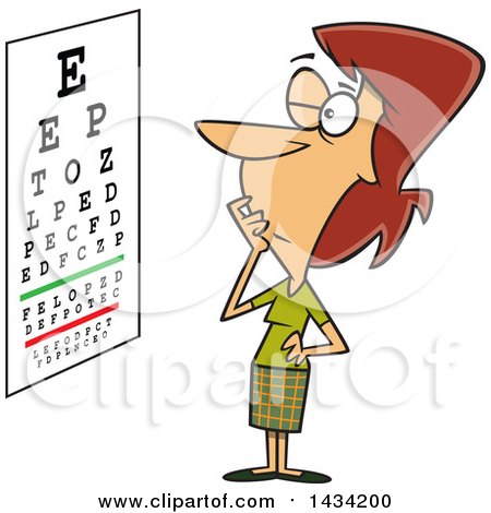 Clipart of a Cartoon Caucasian Woman Trying to Read an Eye Chart - Royalty Free Vector Illustration by toonaday