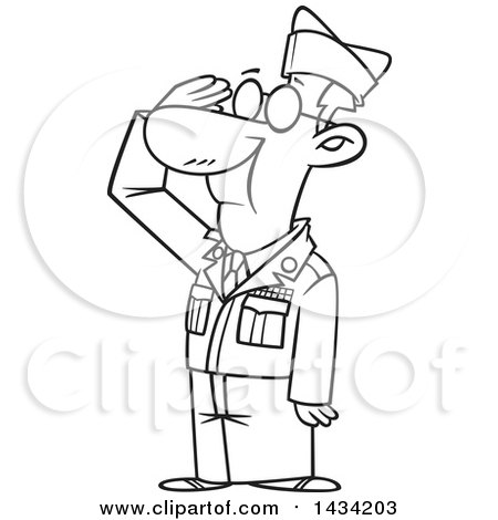 Clipart of a Cartoon Black and White Lineart Senior Veteran Saluting - Royalty Free Vector Illustration by toonaday