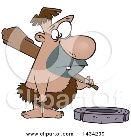 Clipart of a Cartoon Caveman Looking Expectantly at a Stone Wheel - Royalty Free Vector Illustration by toonaday