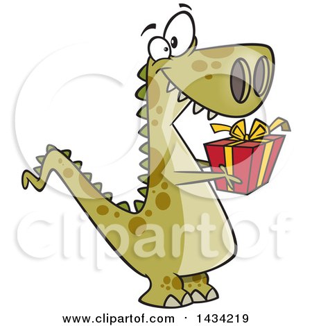 Clipart of a Cartoon Thoughtful T Rex Dinosaur Holding out a Christmas Gift - Royalty Free Vector Illustration by toonaday